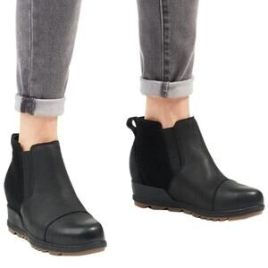 Sorel Evie Pull-On Wedge Bootie Black Leather/Suede Size 9.5 Outdoor Gorpcore